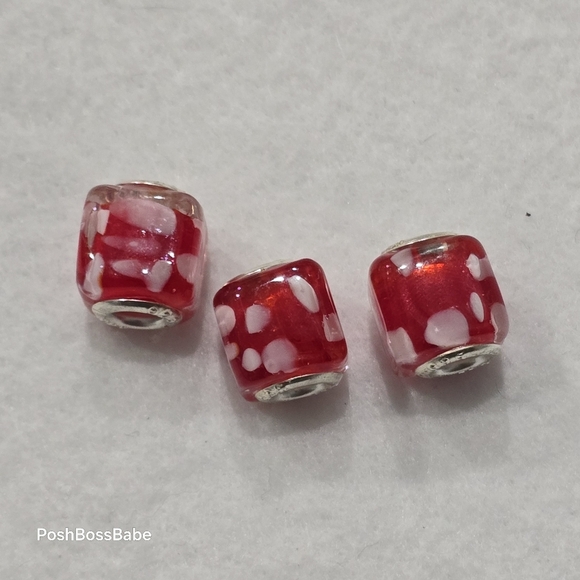 Set of 3 Red & White Polka Dot Murano Glass Square European Beads – 925 Sterling - Picture 6 of 7